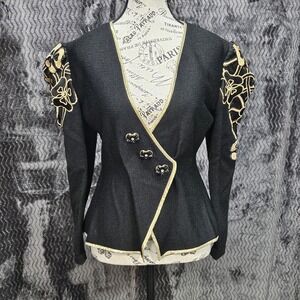 Vtg Cache Blazer Womens 4/6 Petite Peplum 80s Retro Glam Statement Old Money